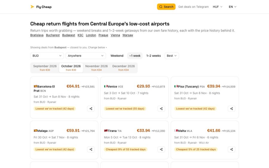 Fly Cheap — return flight deals from Central European airports with prices and tracked-price history.